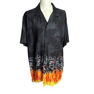 Vintage 90s Button Up Short Sleeve Club Shirt 2XLT Black Flames Dragon Pocket
